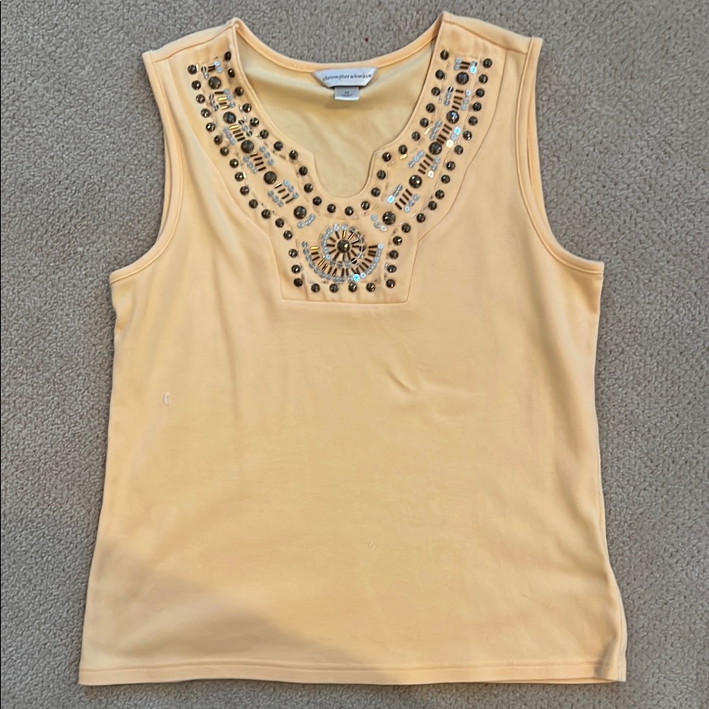 Cream Embellished Tank Top with V-Neckline